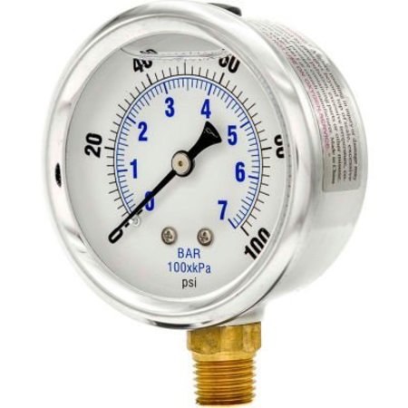 Engineered Specialty Products, Inc Pic Gauges 2-1/2" Vacuum Gauge, Liquid Filled, 100 PSI, Stainless Case, Lower Mount, PRO-201L-254E PRO-201L-254E